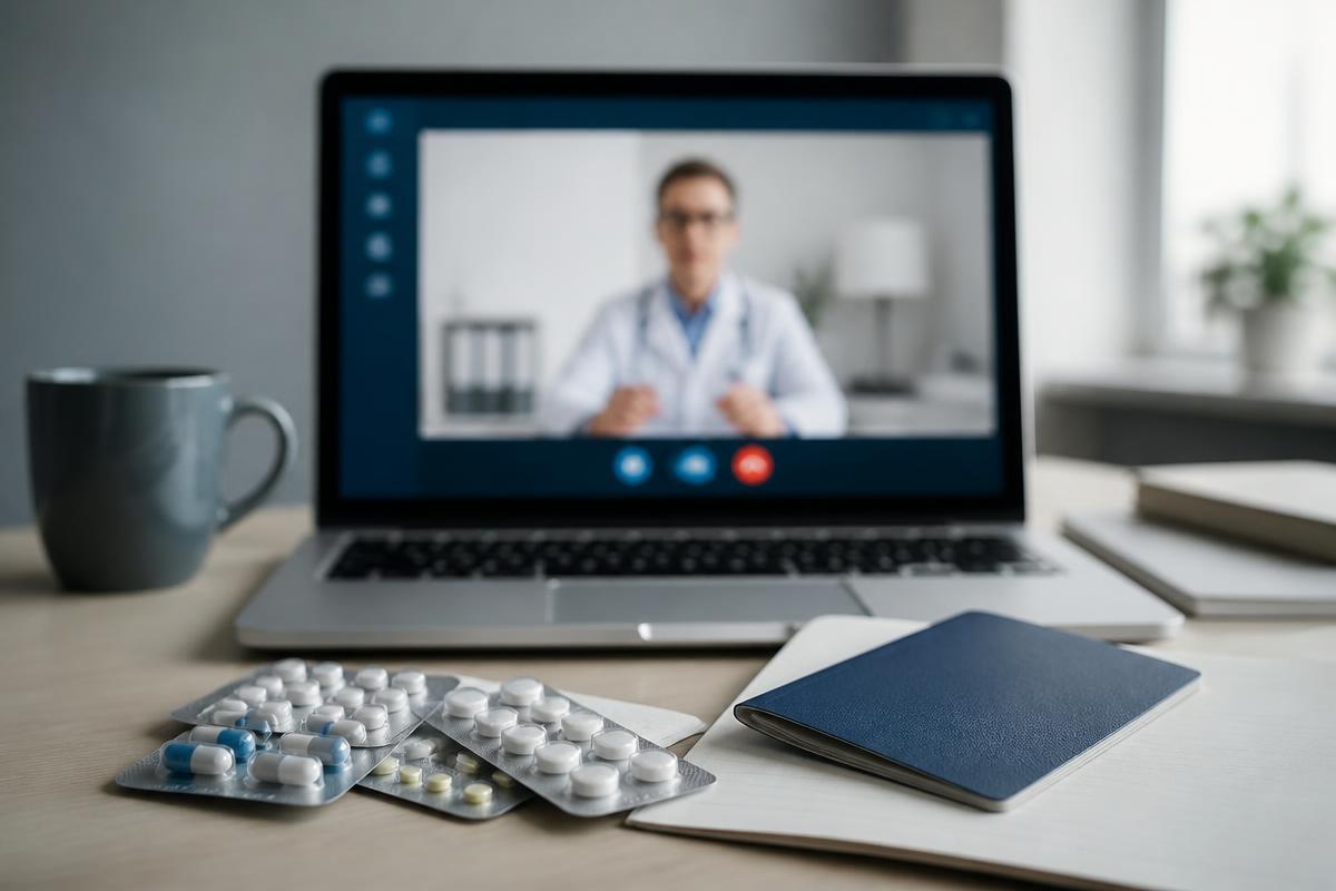 Medication blister packs and passport beside a telemedicine video call, representing prescription refills for expats