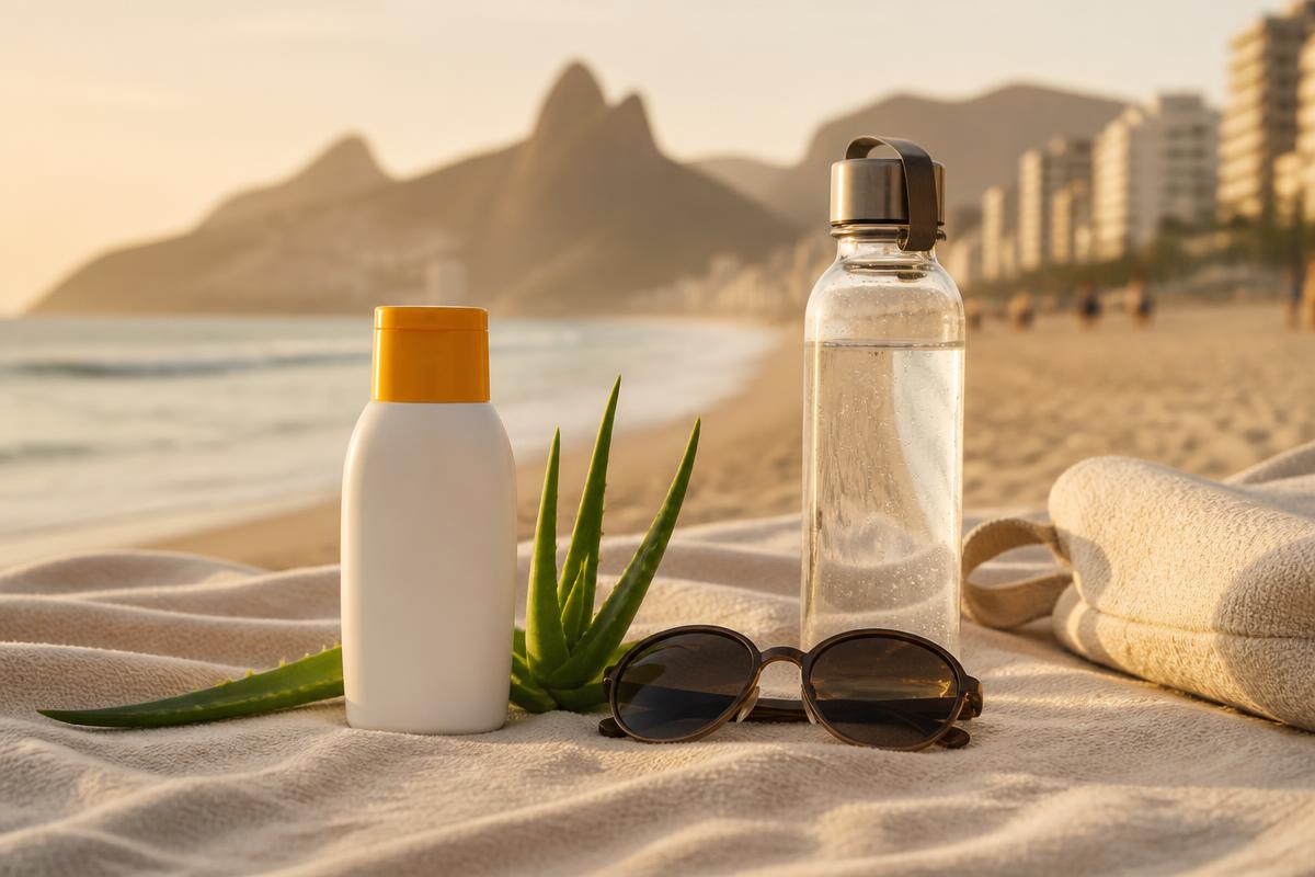 Sunscreen, aloe vera, sunglasses and a water bottle on a Rio de Janeiro beach, representing sun and heat illness care