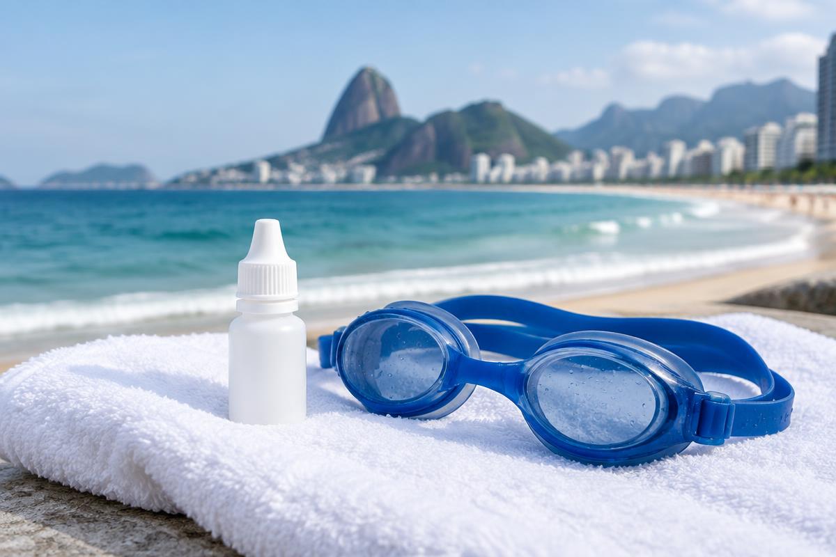 Swimming goggles, towel and ear drops by a Rio de Janeiro beach, representing swimmer's ear care